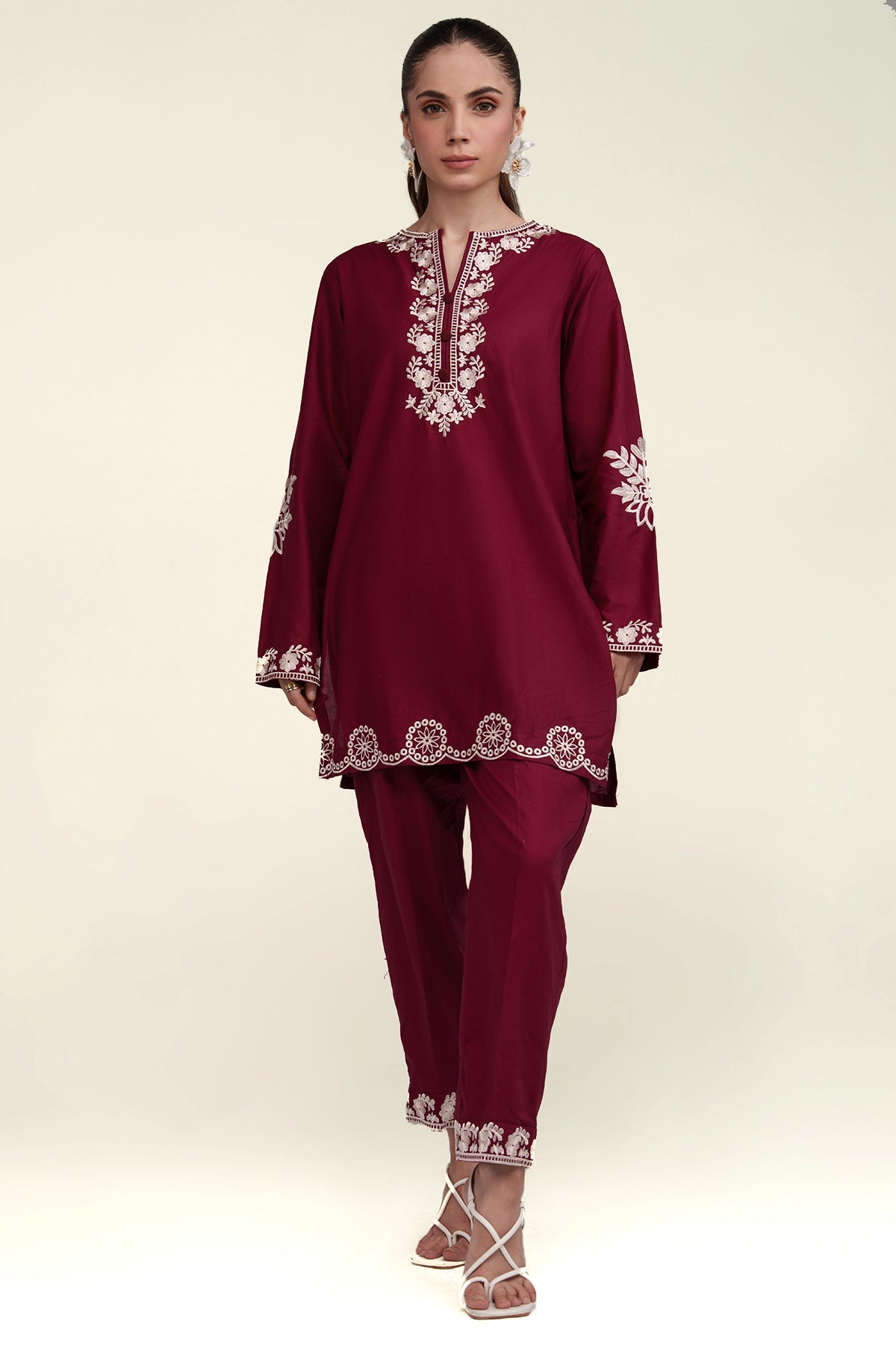 Maroon Embroidered Co Ord Set - 02 - Peach Republic