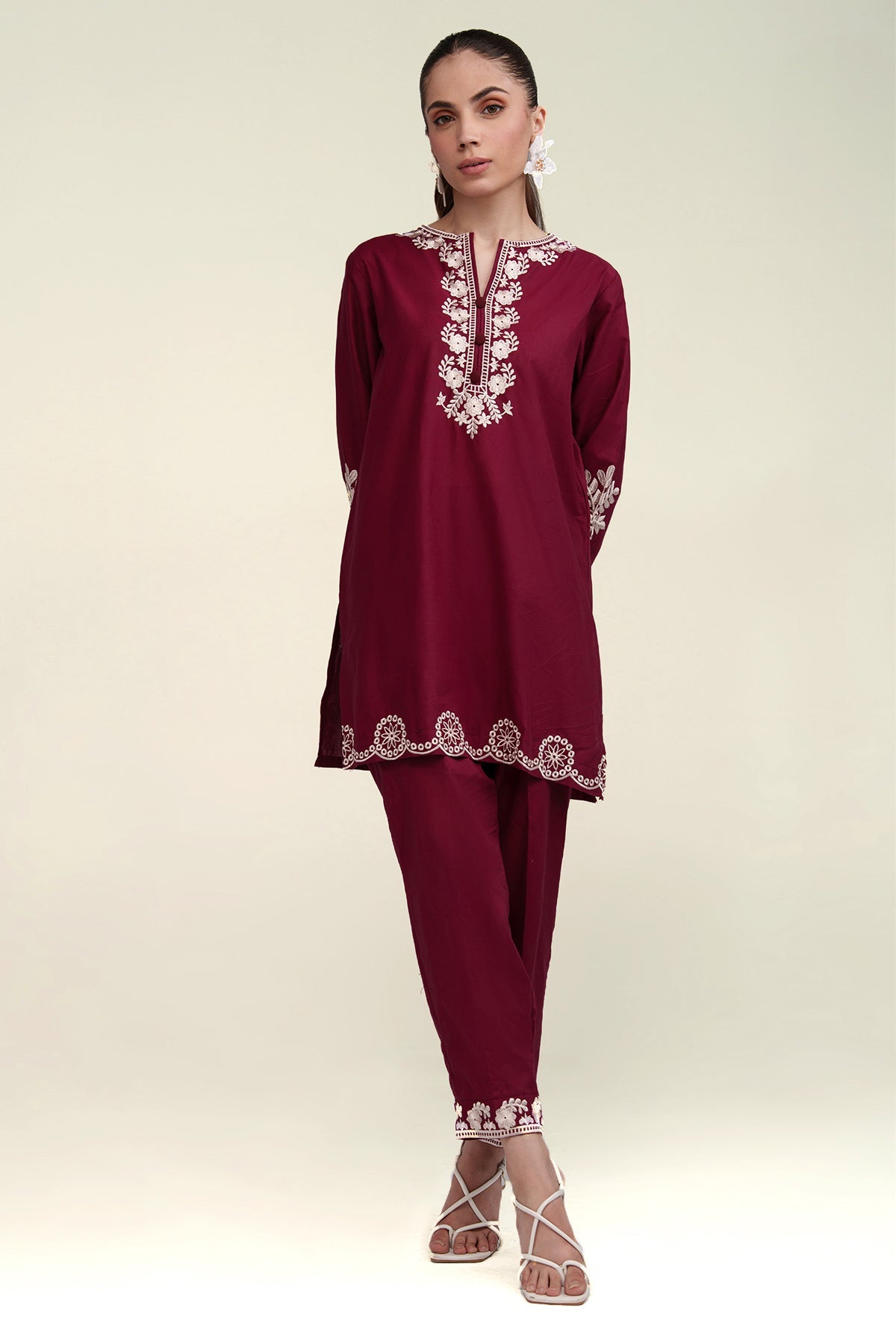 Maroon Embroidered Co Ord Set - 02 - Peach Republic