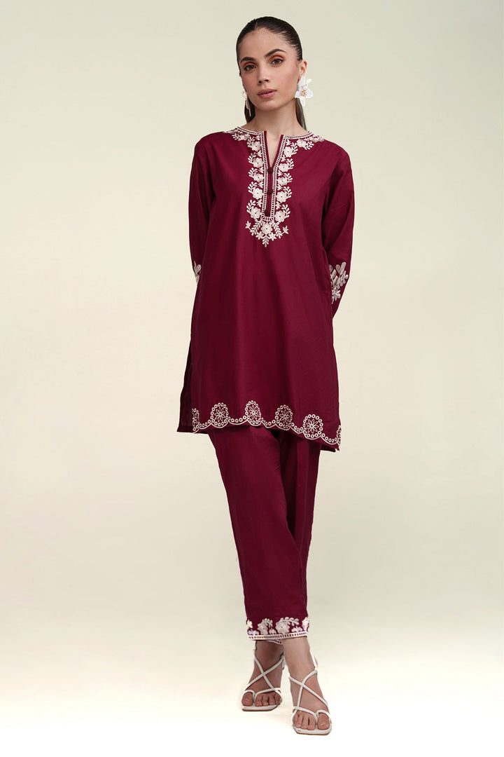Maroon Embroidered Co Ord Set - 02