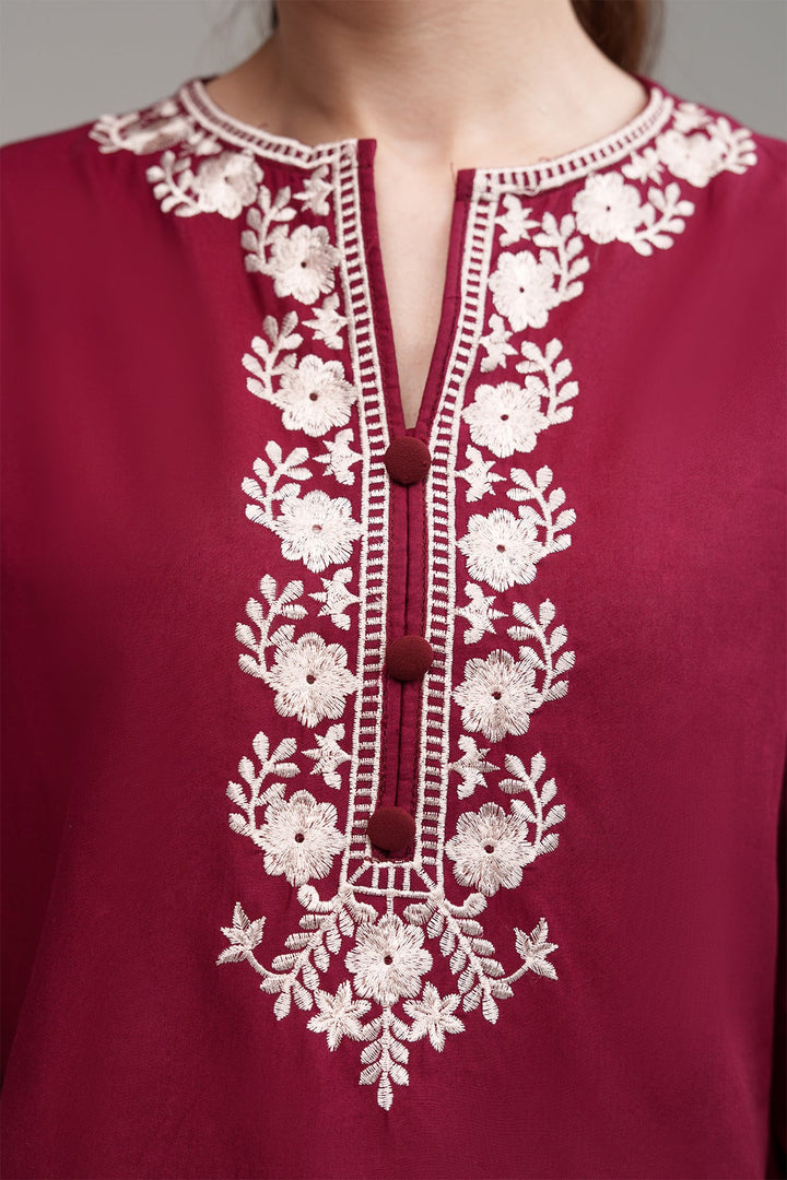 Maroon Embroidered Co Ord Set - 02 - Peach Republic