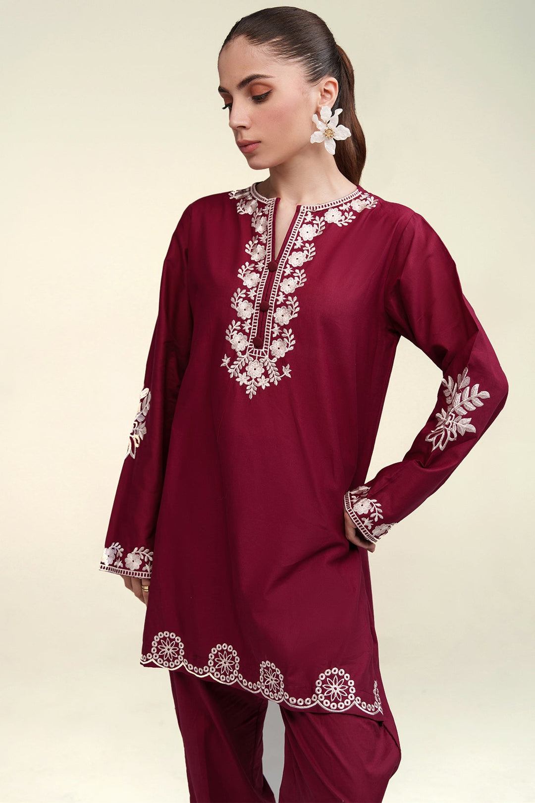 Maroon Embroidered Co Ord Set - 02 - Peach Republic