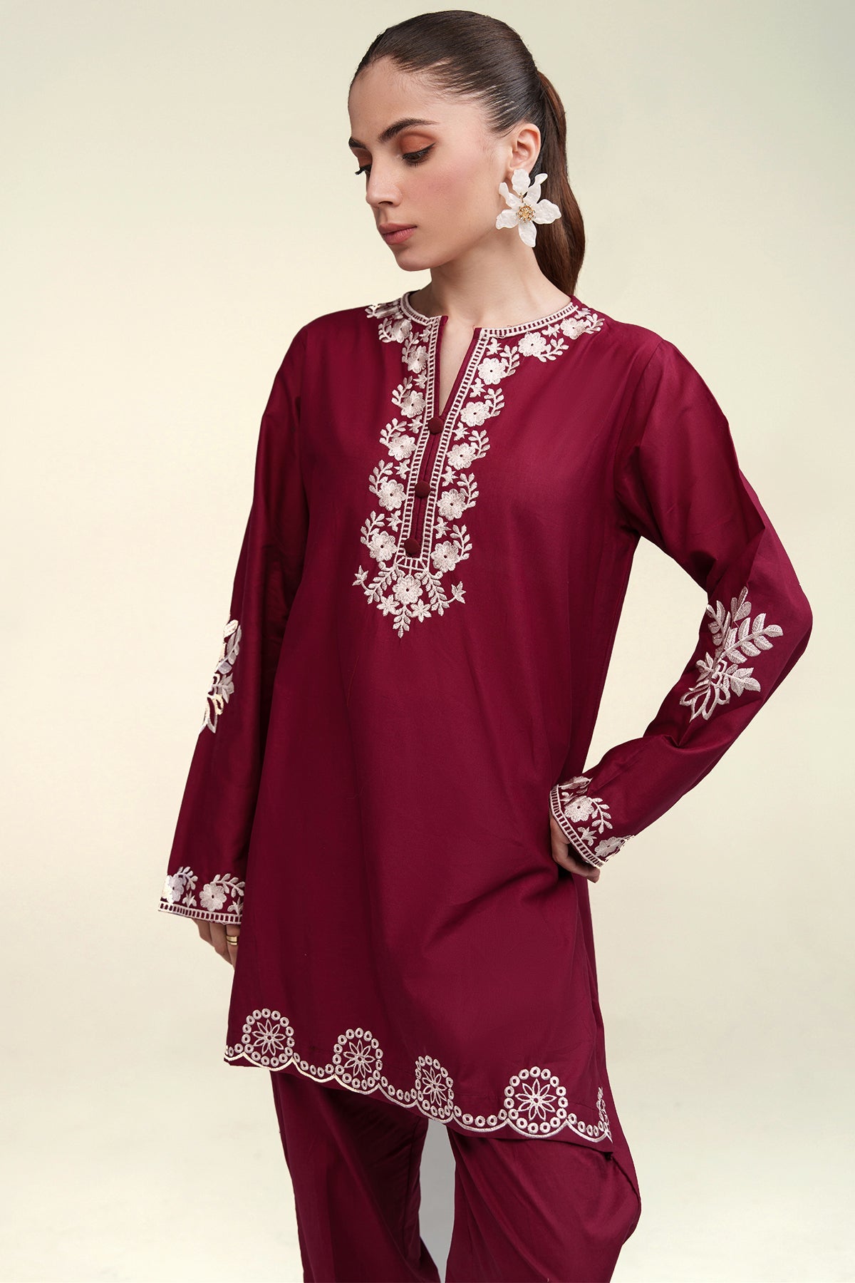 Maroon Embroidered Co Ord Set - 02 - Peach Republic