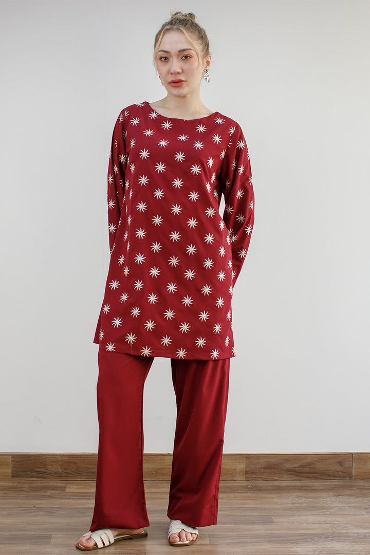 Maroon Embroidered Co Ord Set - Peach Republic