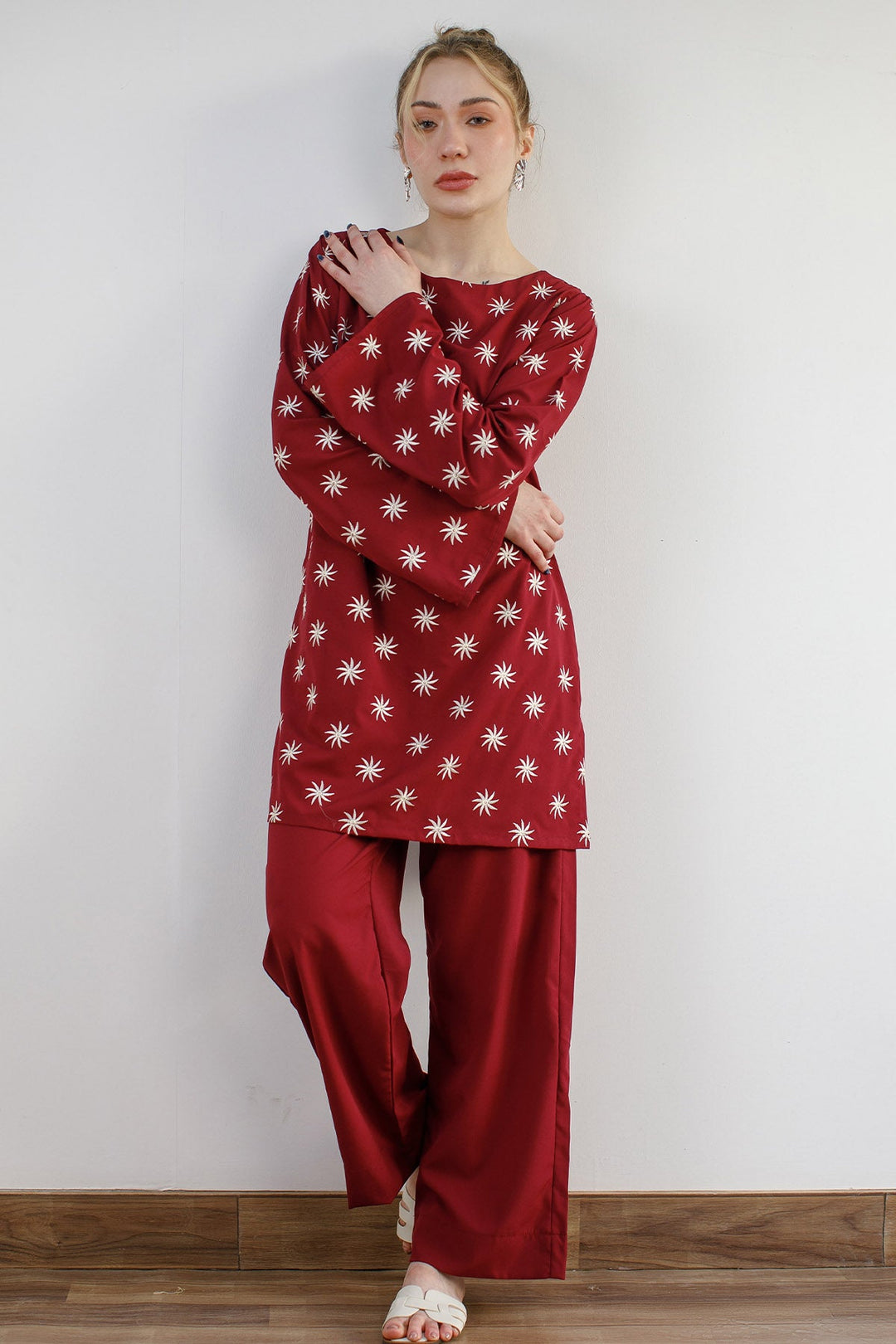 Maroon Embroidered Co Ord Set - Peach Republic