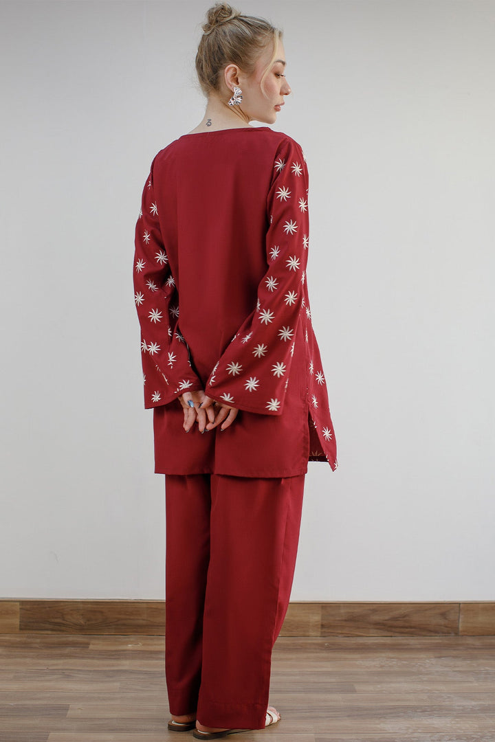 Maroon Embroidered Co Ord Set - Peach Republic