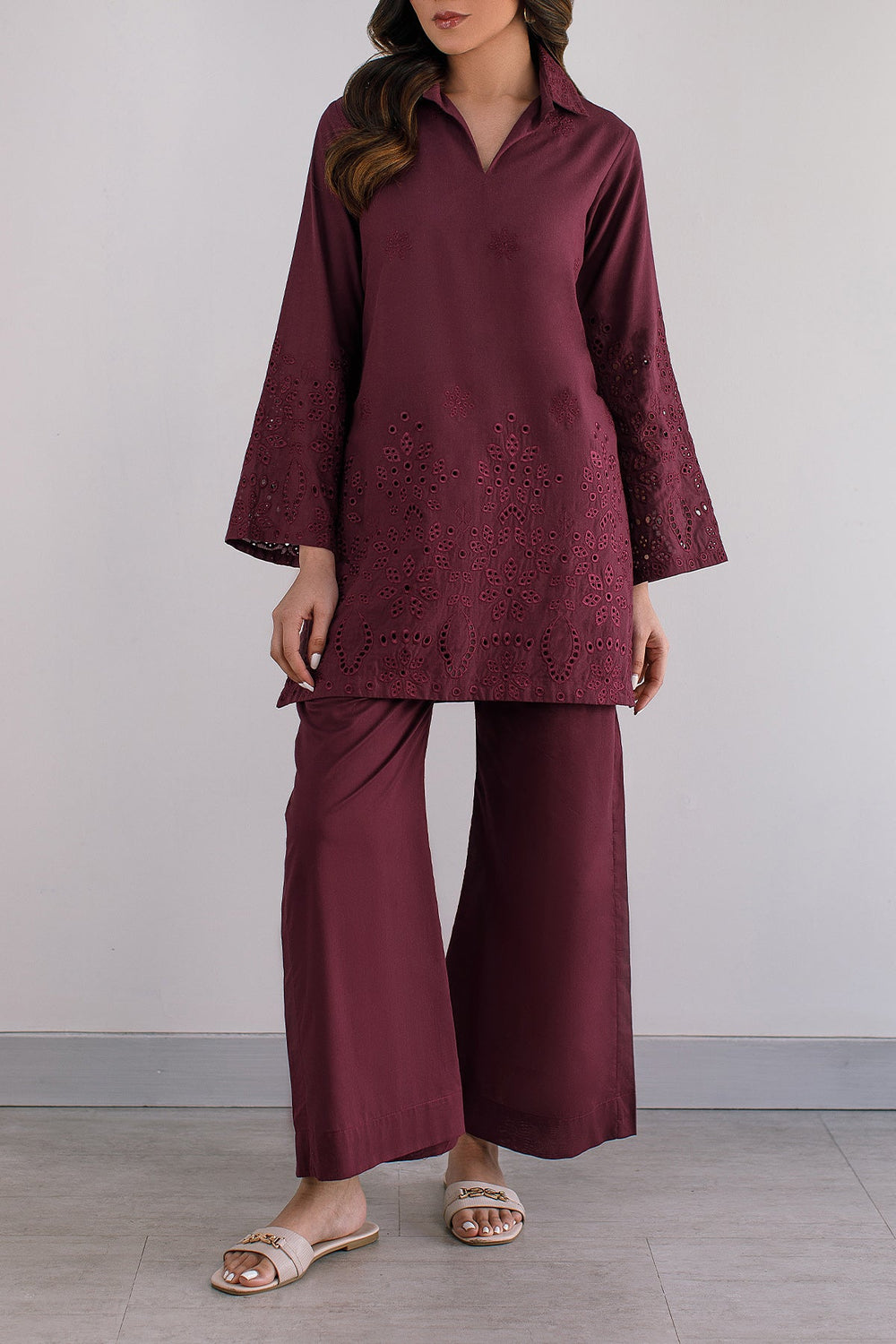 Maroon Embroidered Co Ord Set - Peach Republic