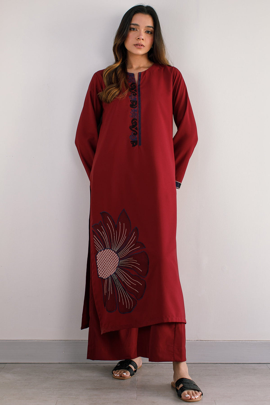 Maroon Embroidered Dress - 01 - Peach Republic