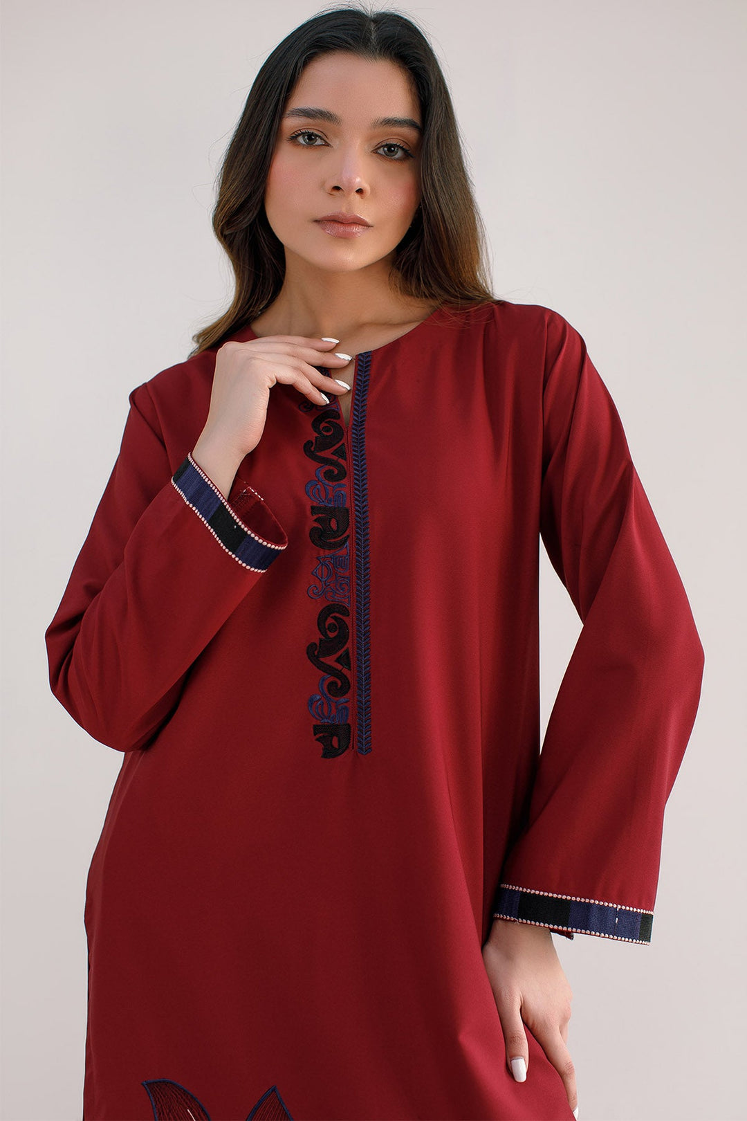 Maroon Embroidered Dress - 01 - Peach Republic