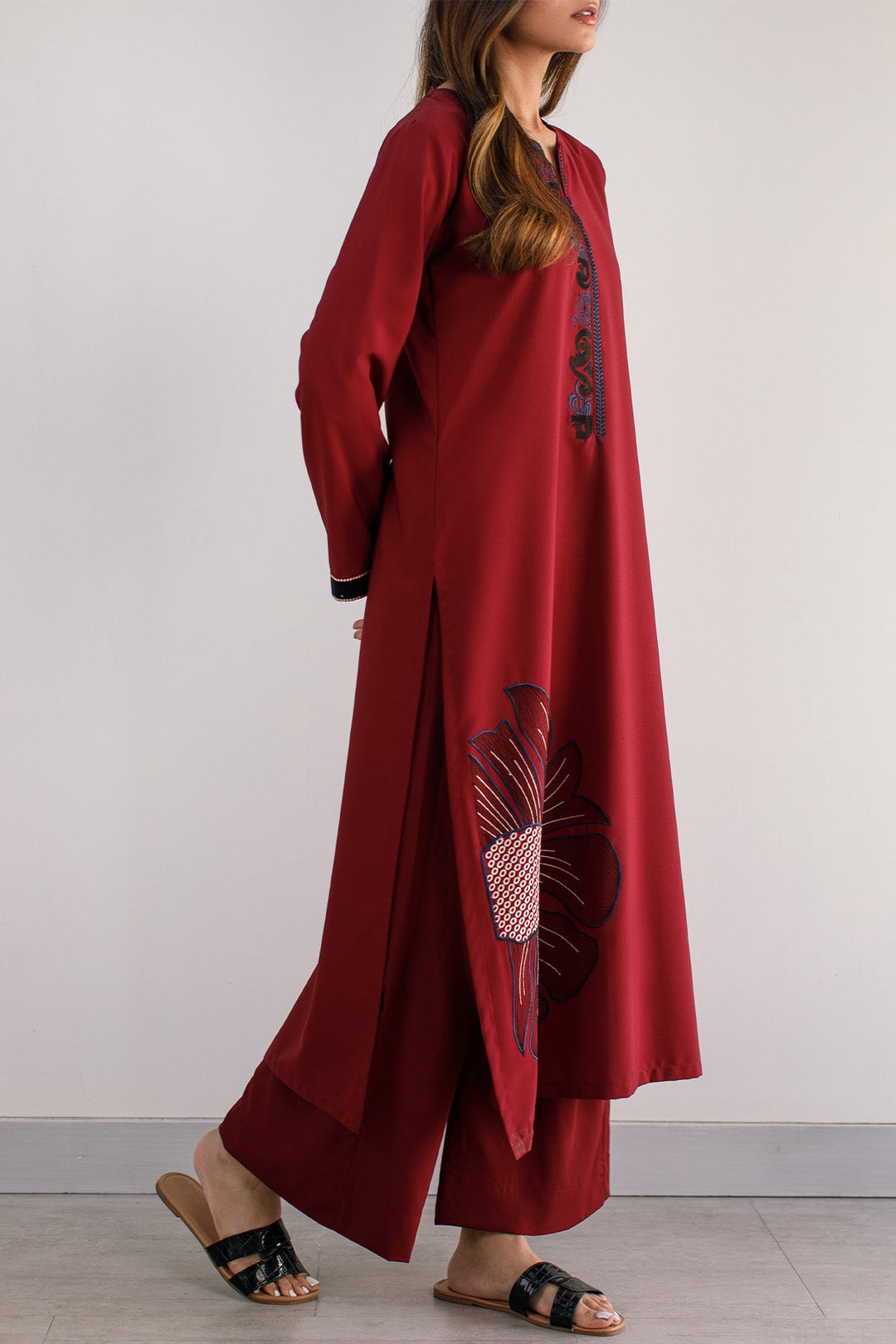 Maroon Embroidered Dress - 01 - Peach Republic