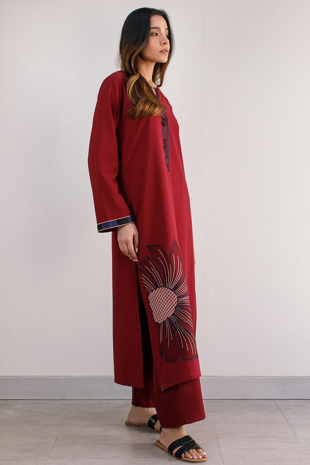 Maroon Embroidered Dress - 01 - Peach Republic