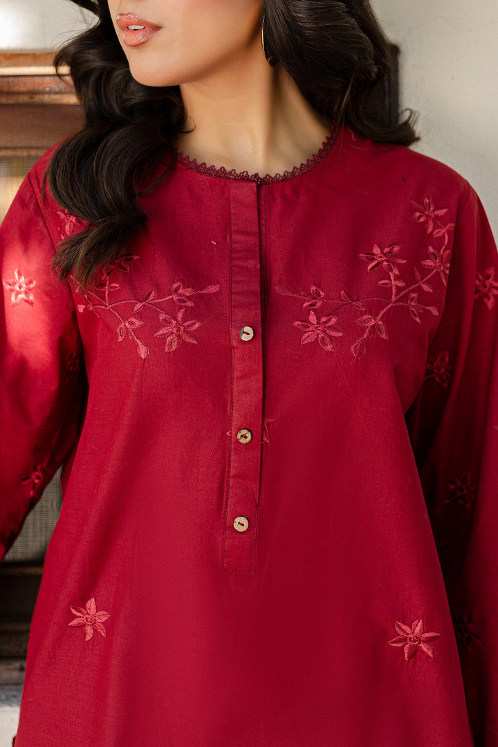 Maroon Embroidered Dress-01 - Peach Republic