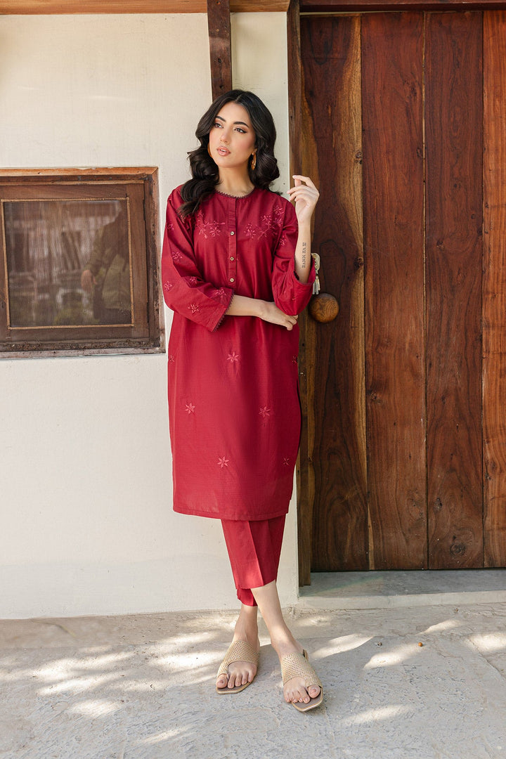 Maroon Embroidered Dress-01 - Peach Republic