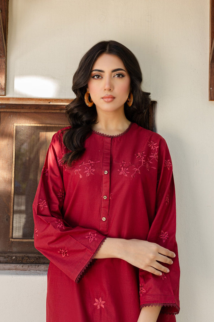 Maroon Embroidered Dress-01 - Peach Republic