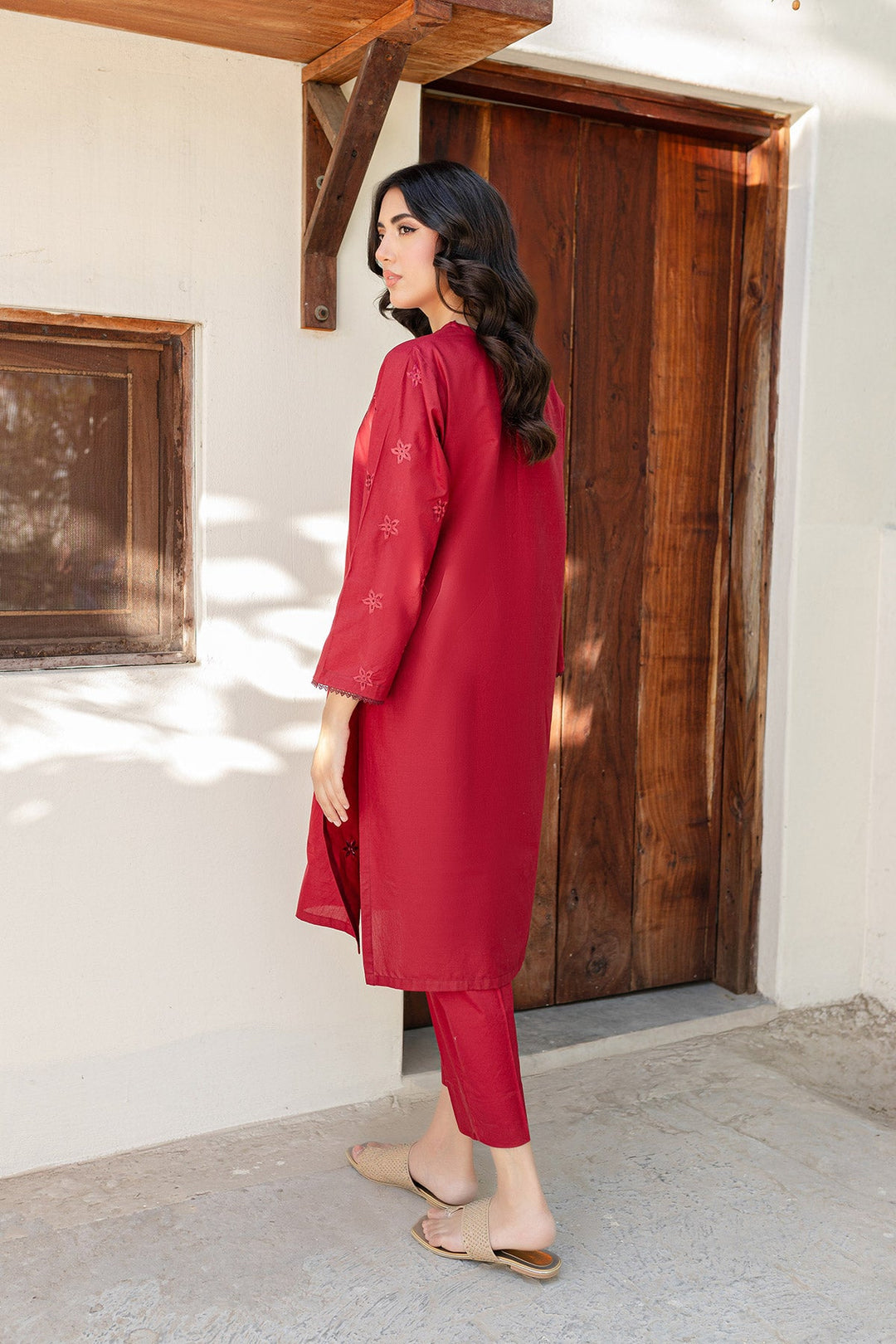 Maroon Embroidered Dress-01 - Peach Republic