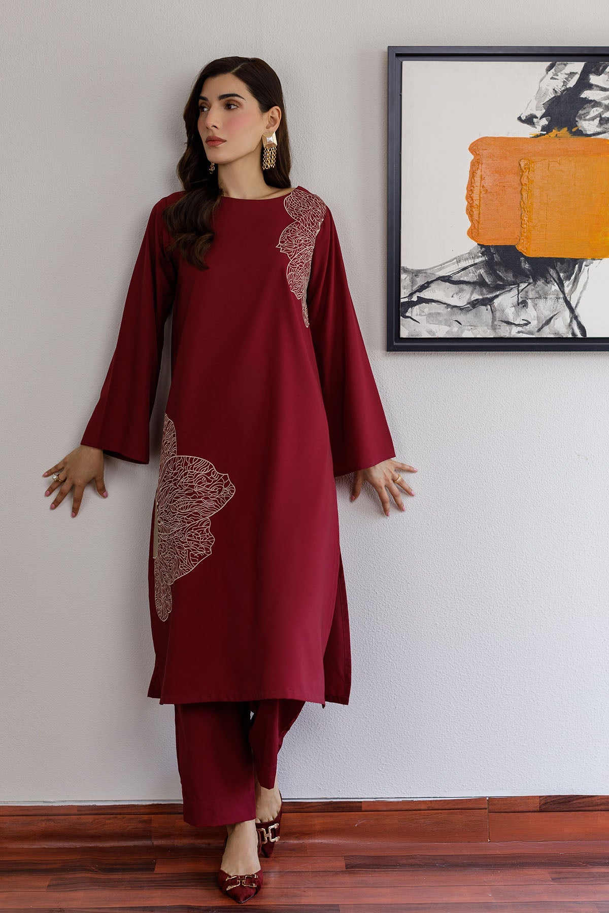 Maroon Embroidered Dress - Peach Republic