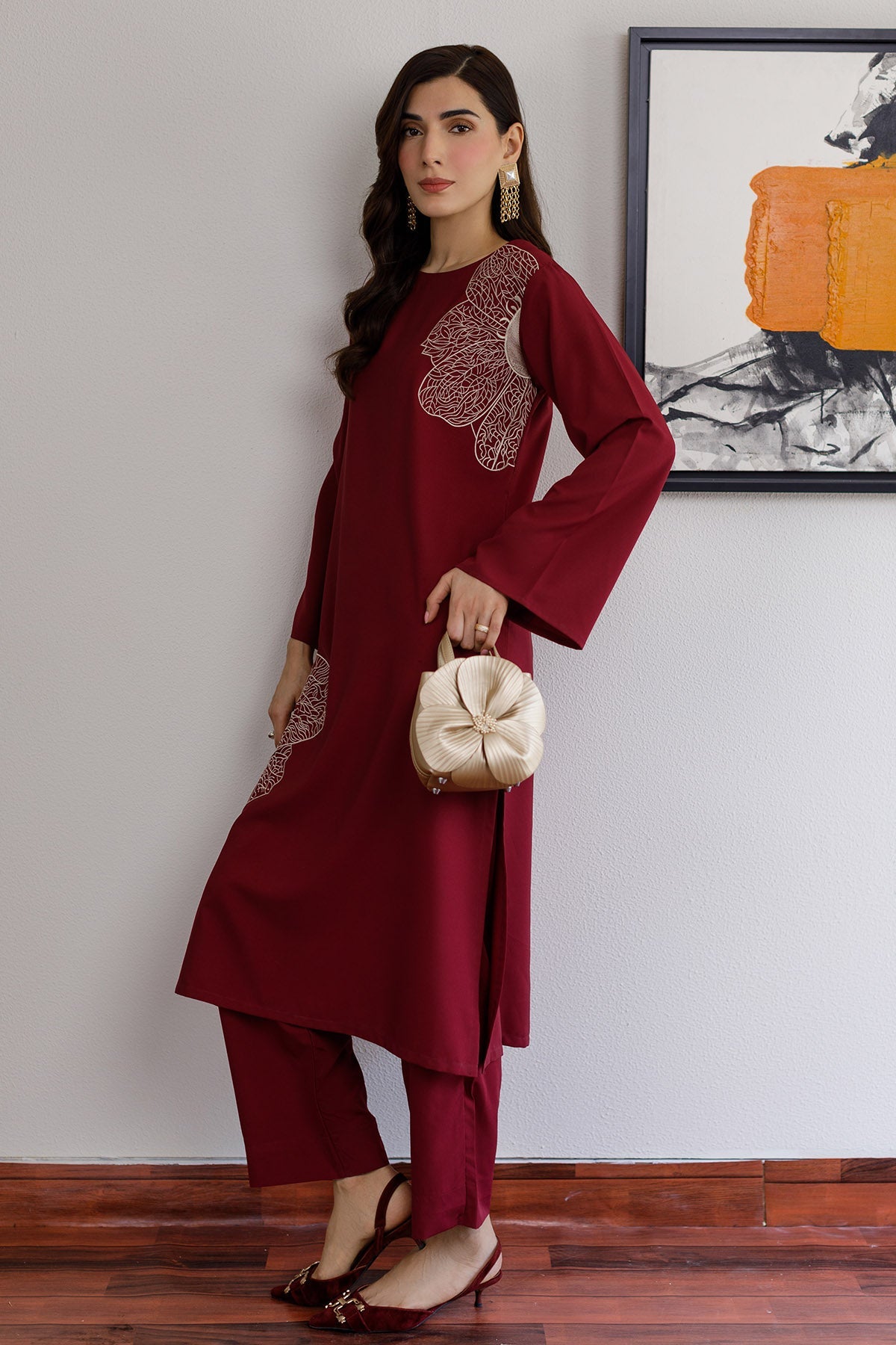 Maroon Embroidered Dress - Peach Republic