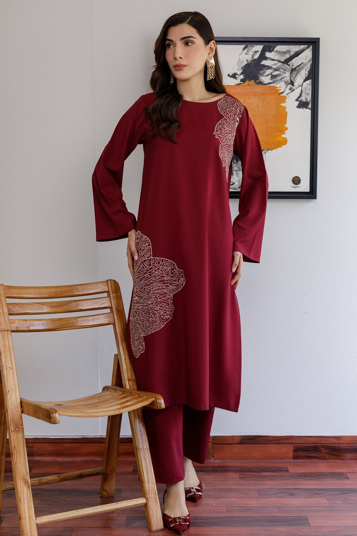 Maroon Embroidered Dress - Peach Republic