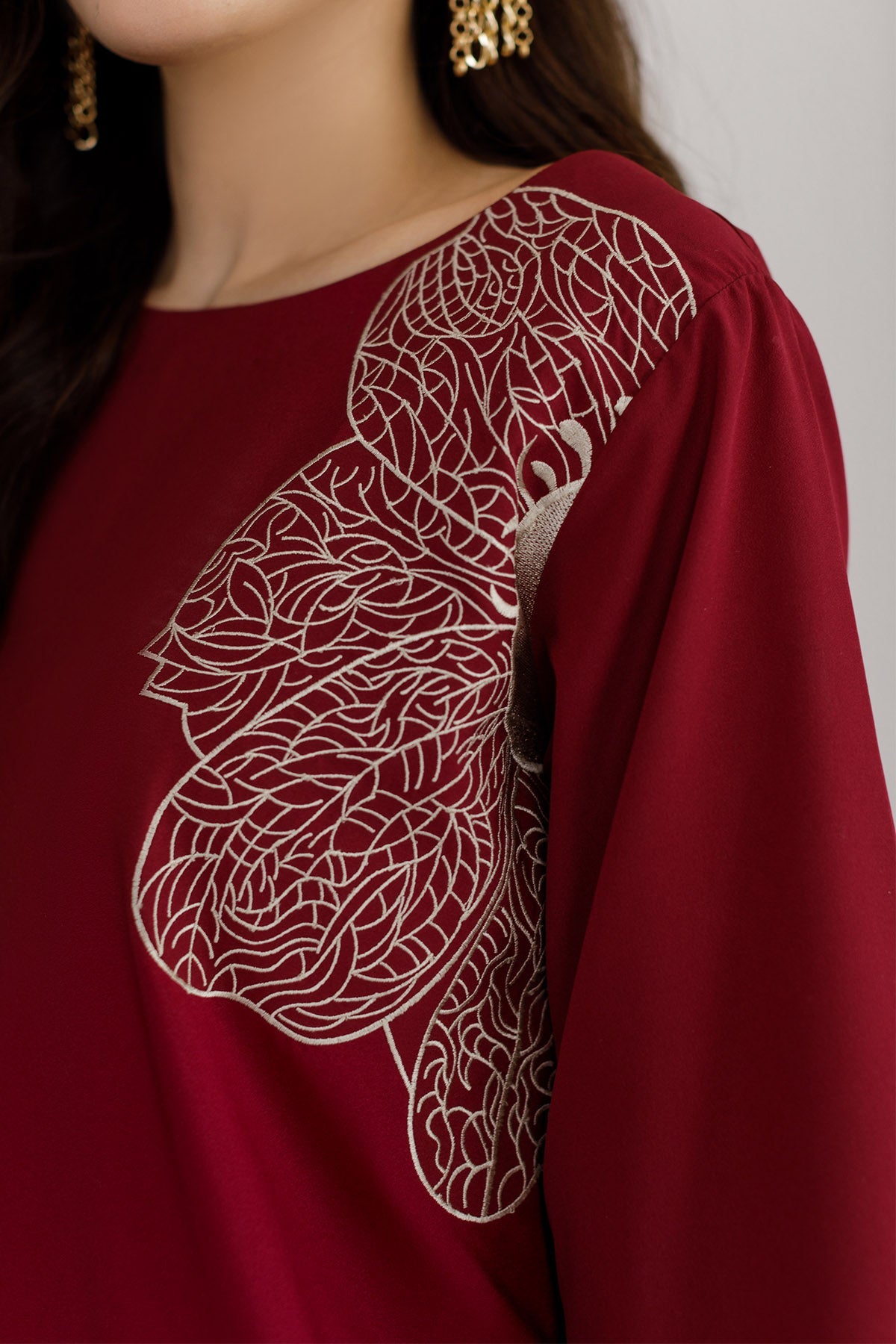 Maroon Embroidered Dress - Peach Republic
