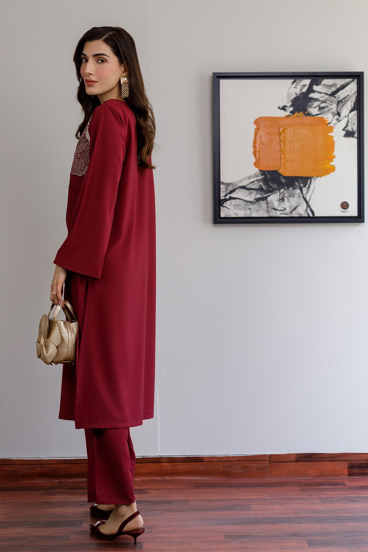 Maroon Embroidered Dress - Peach Republic