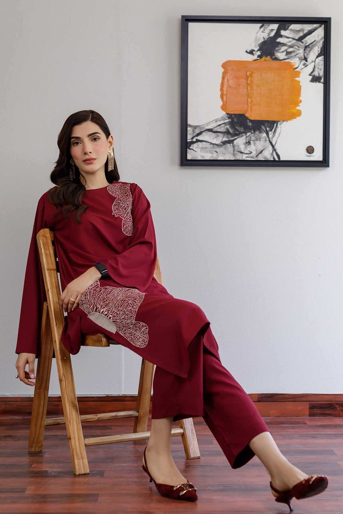 Maroon Embroidered Dress - Peach Republic