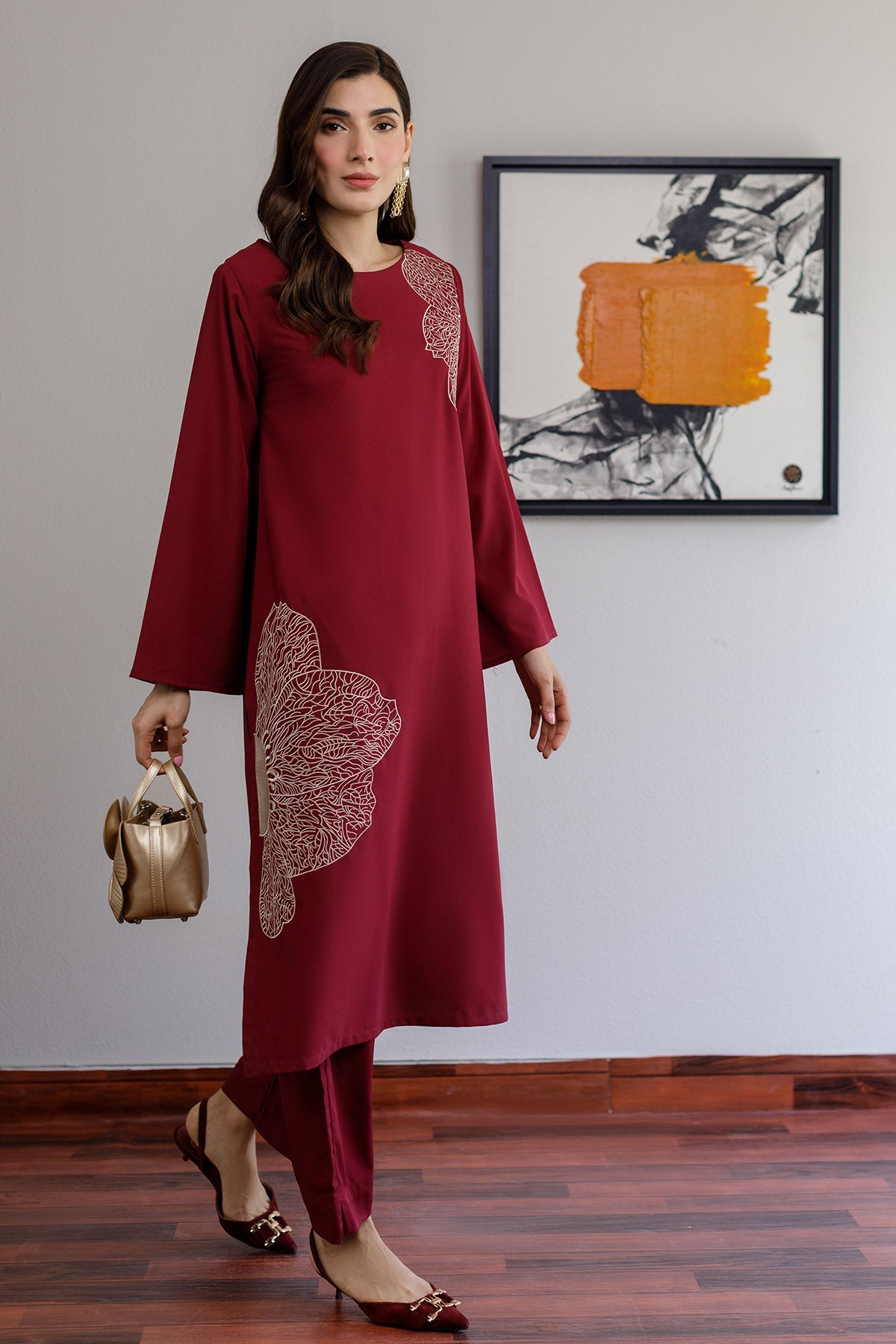 Maroon Embroidered Dress - Peach Republic