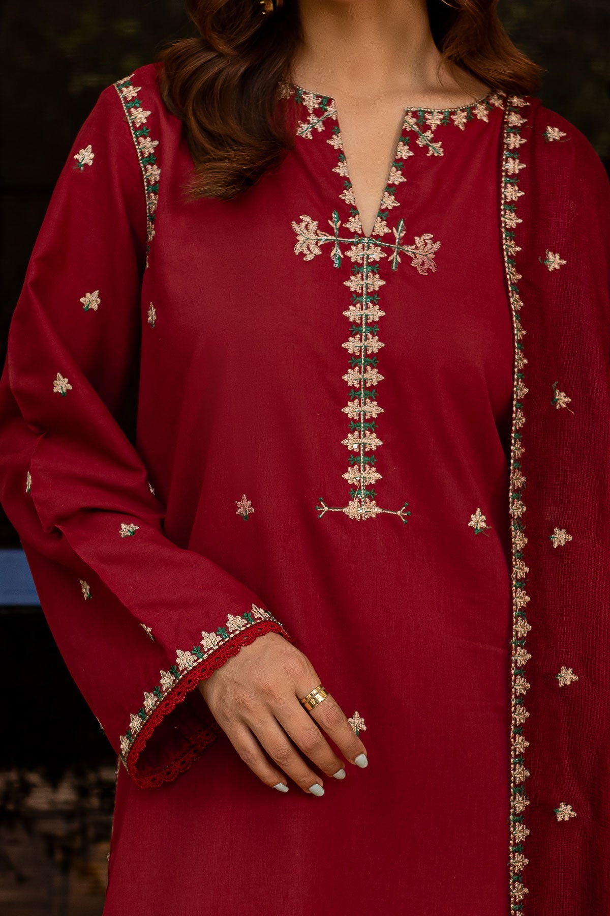 Maroon Embroidered Suit - Peach Republic