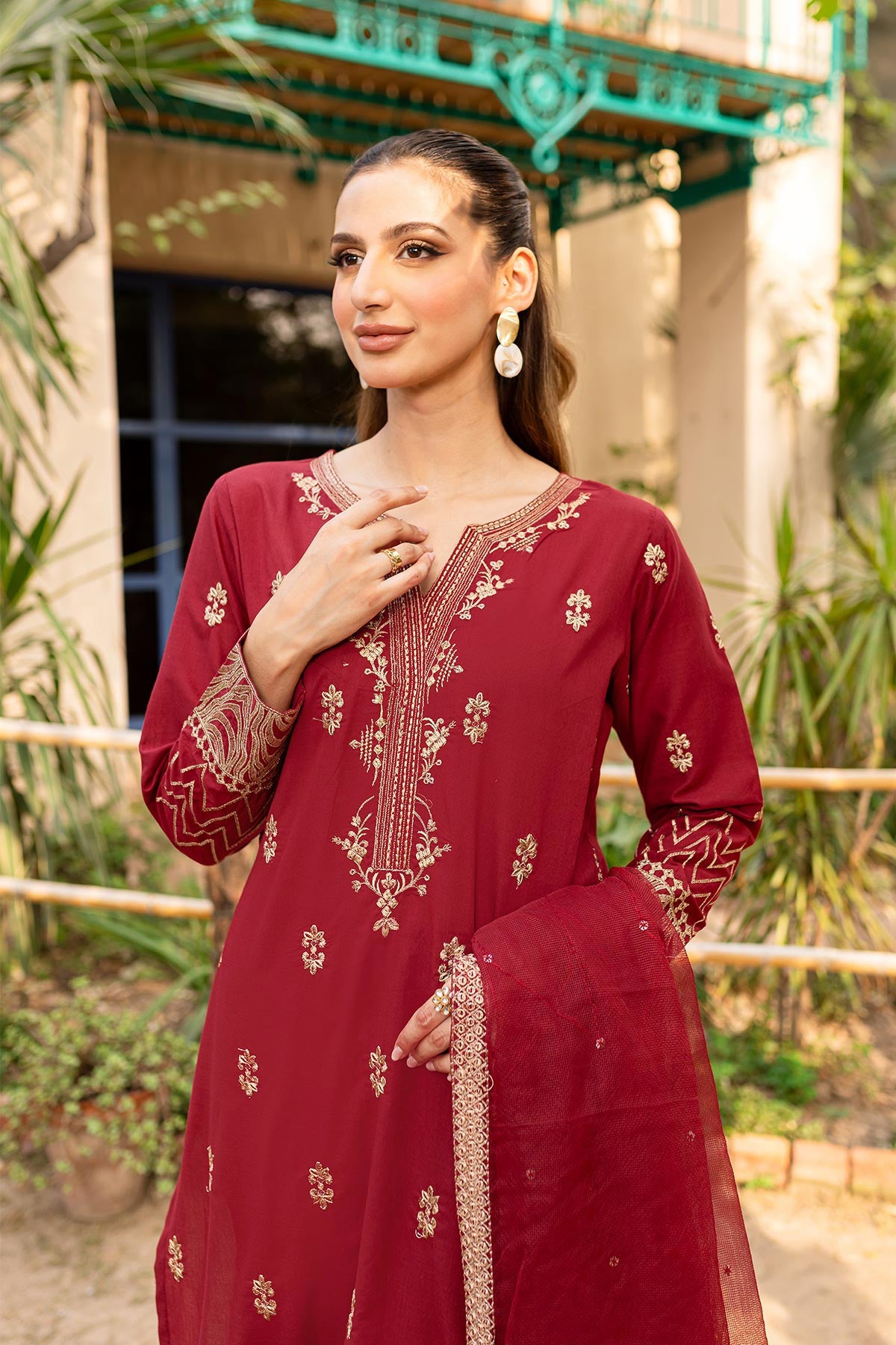 Maroon Embroidered Suit - Peach Republic