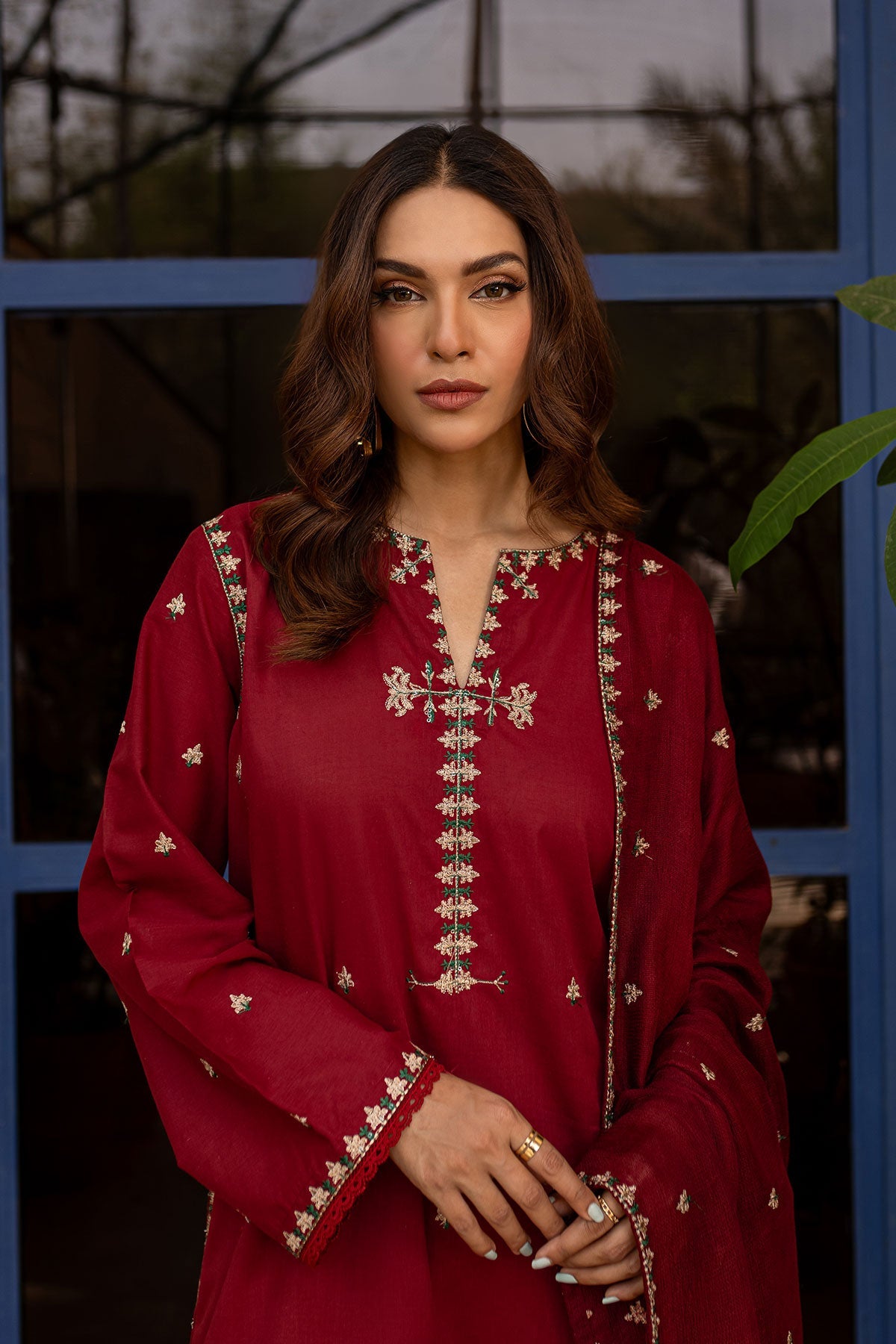 Maroon Embroidered Suit - Peach Republic