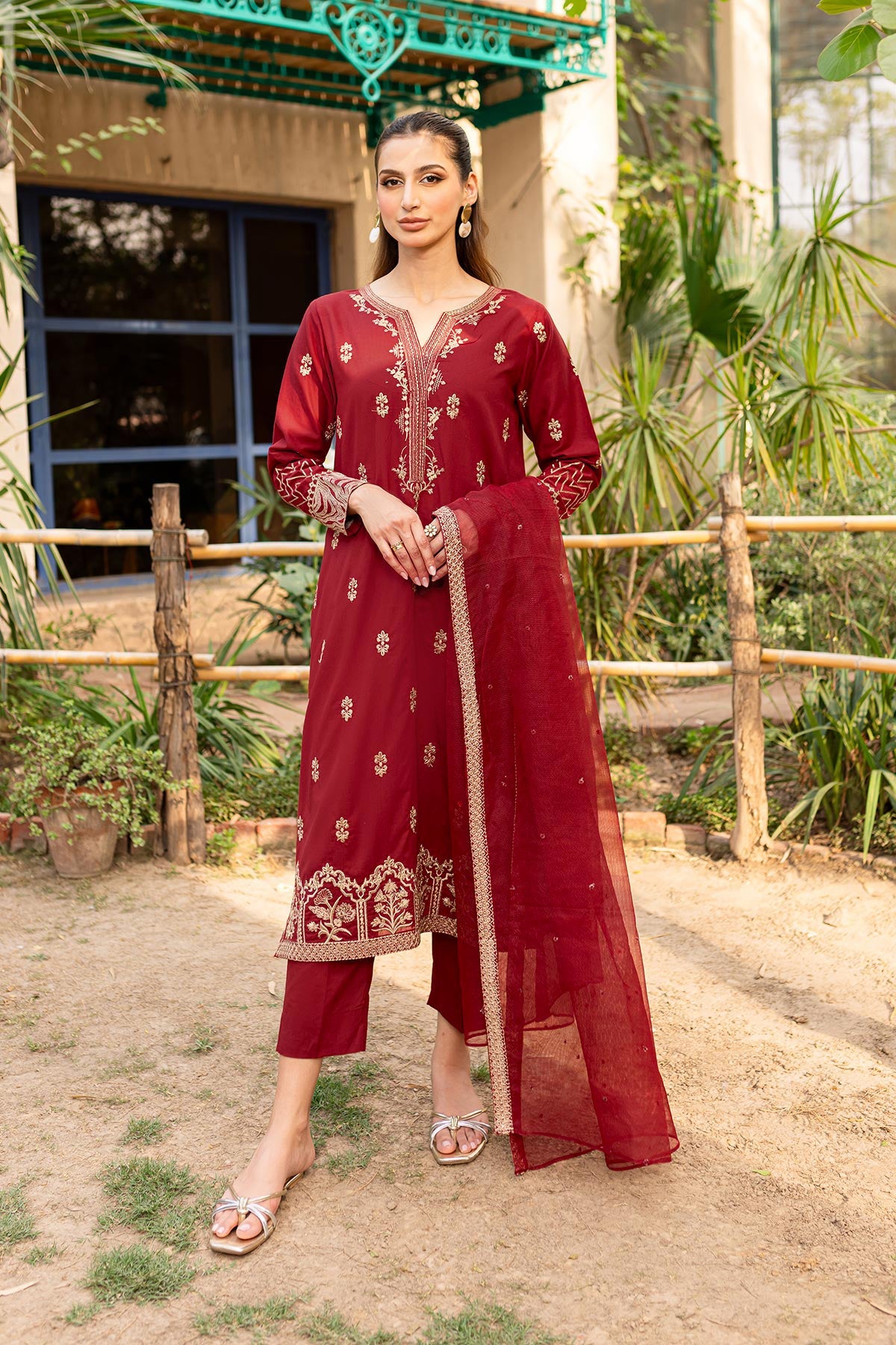 Maroon Embroidered Suit - Peach Republic