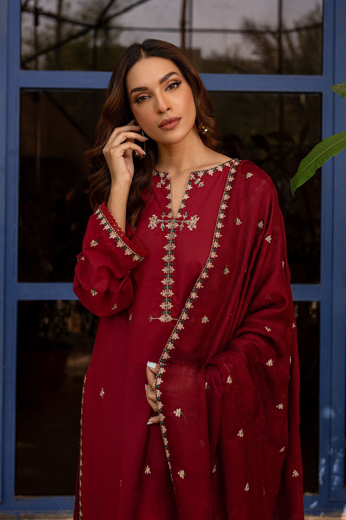 Maroon Embroidered Suit - Peach Republic