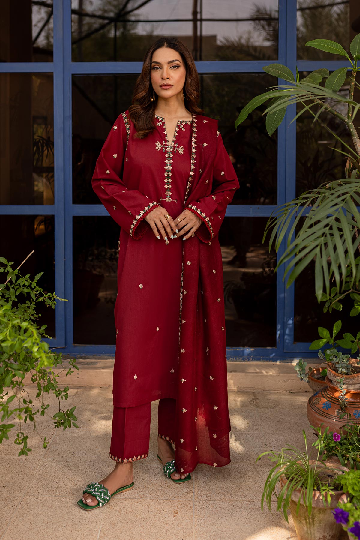 Maroon Embroidered Suit - Peach Republic