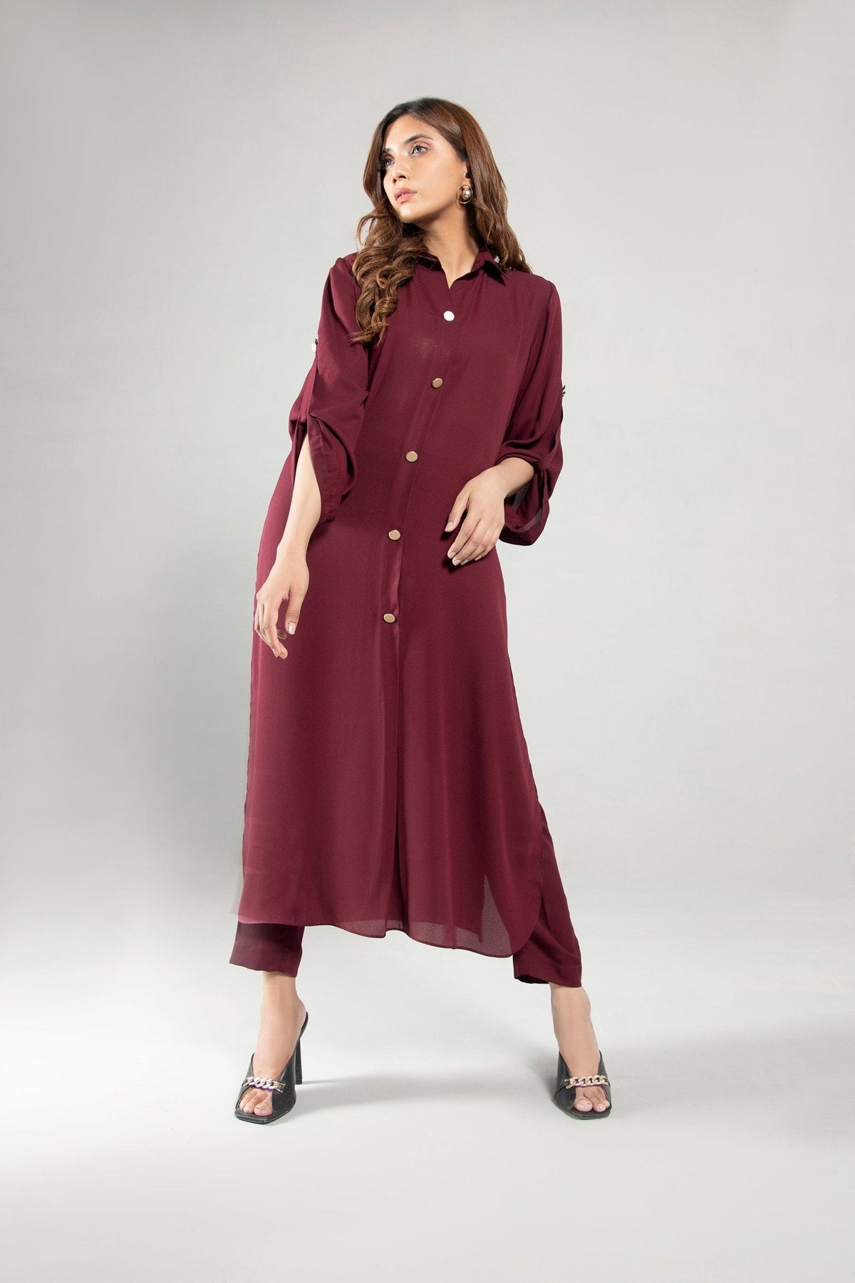 Maroon Grip Buttoned Dress - Peach Republic