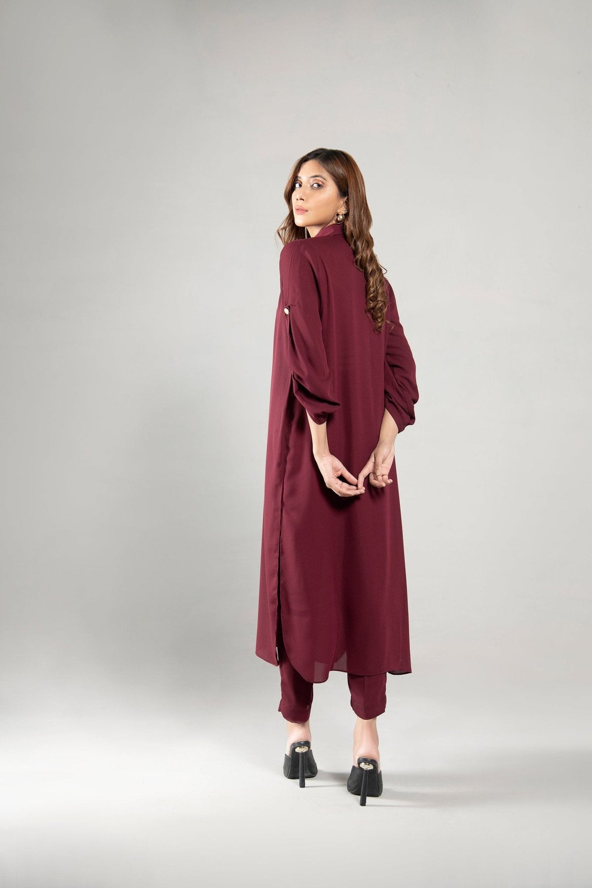 Maroon Grip Buttoned Dress - Peach Republic