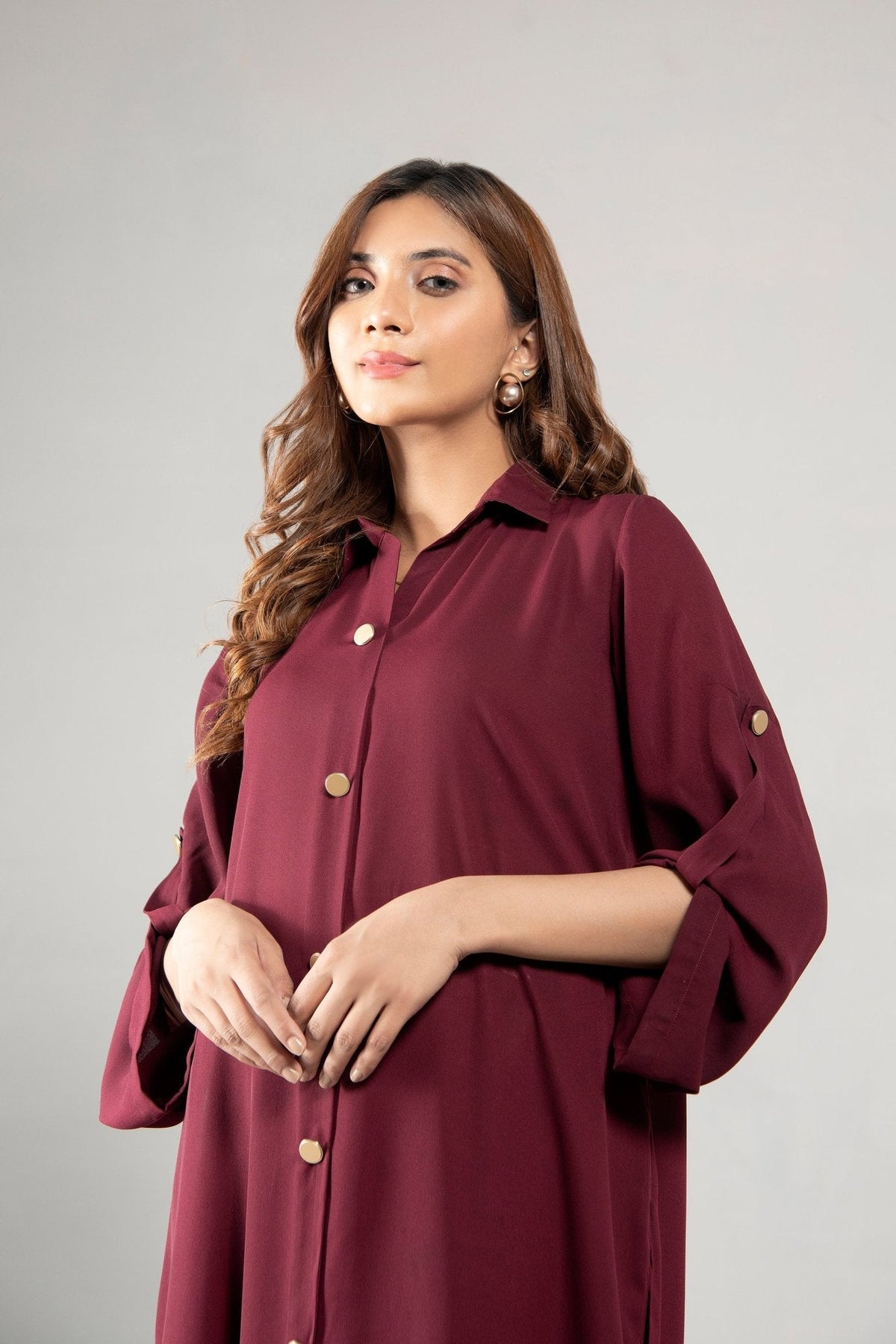 Maroon Grip Buttoned Dress - Peach Republic