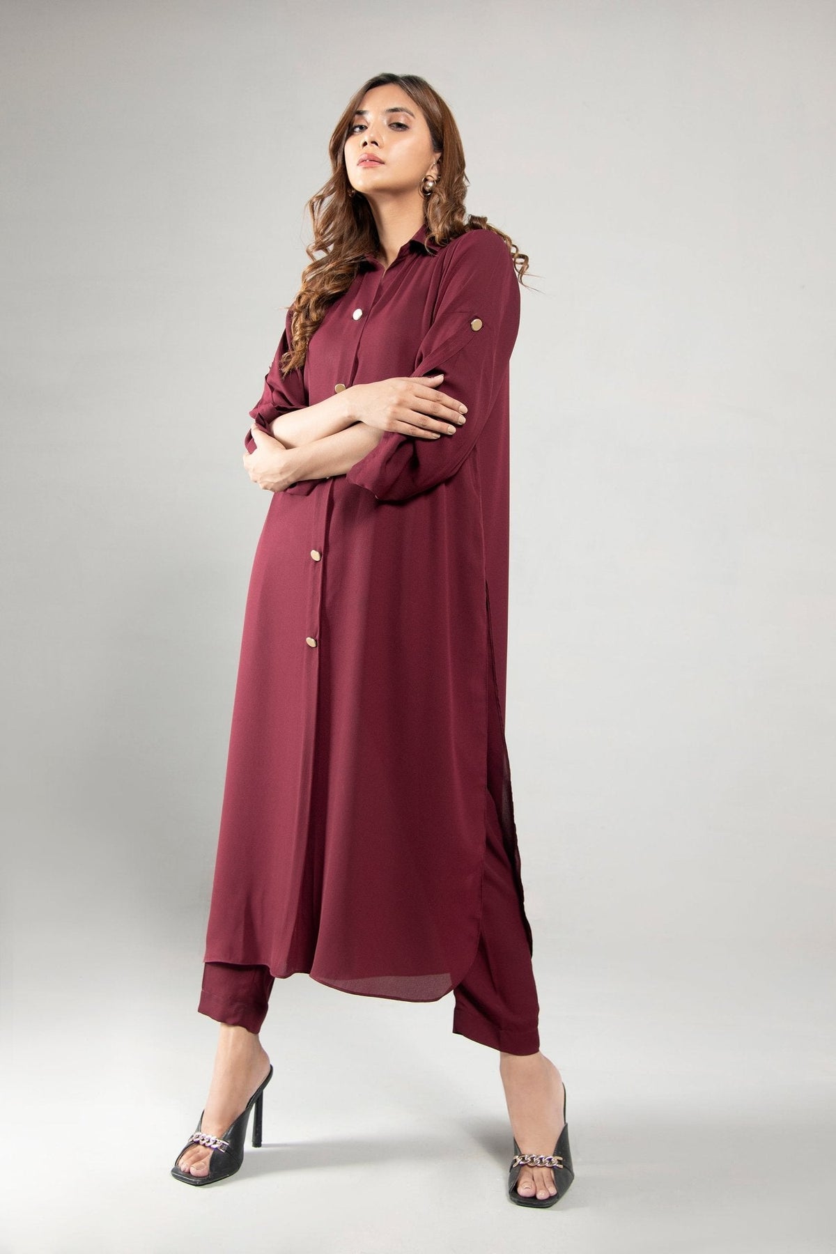 Maroon Grip Buttoned Dress - Peach Republic