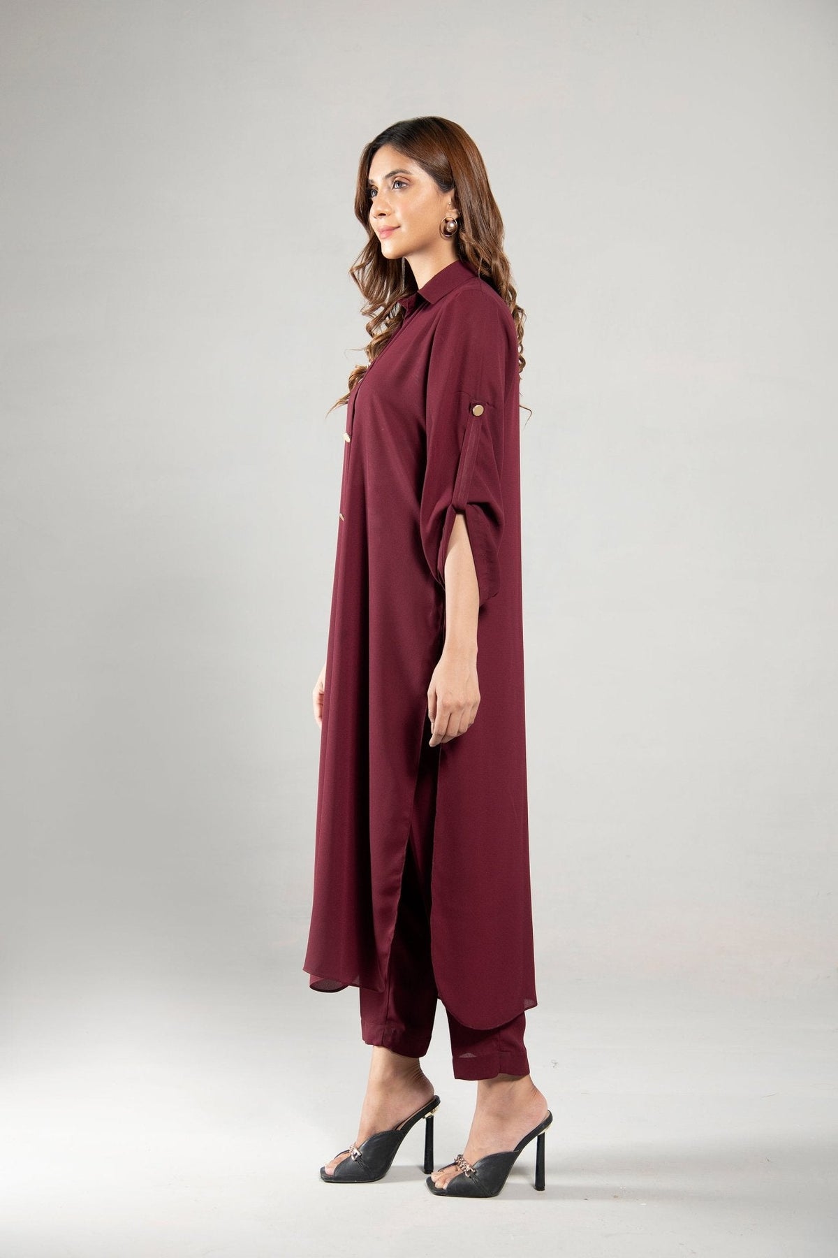 Maroon Grip Buttoned Dress - Peach Republic