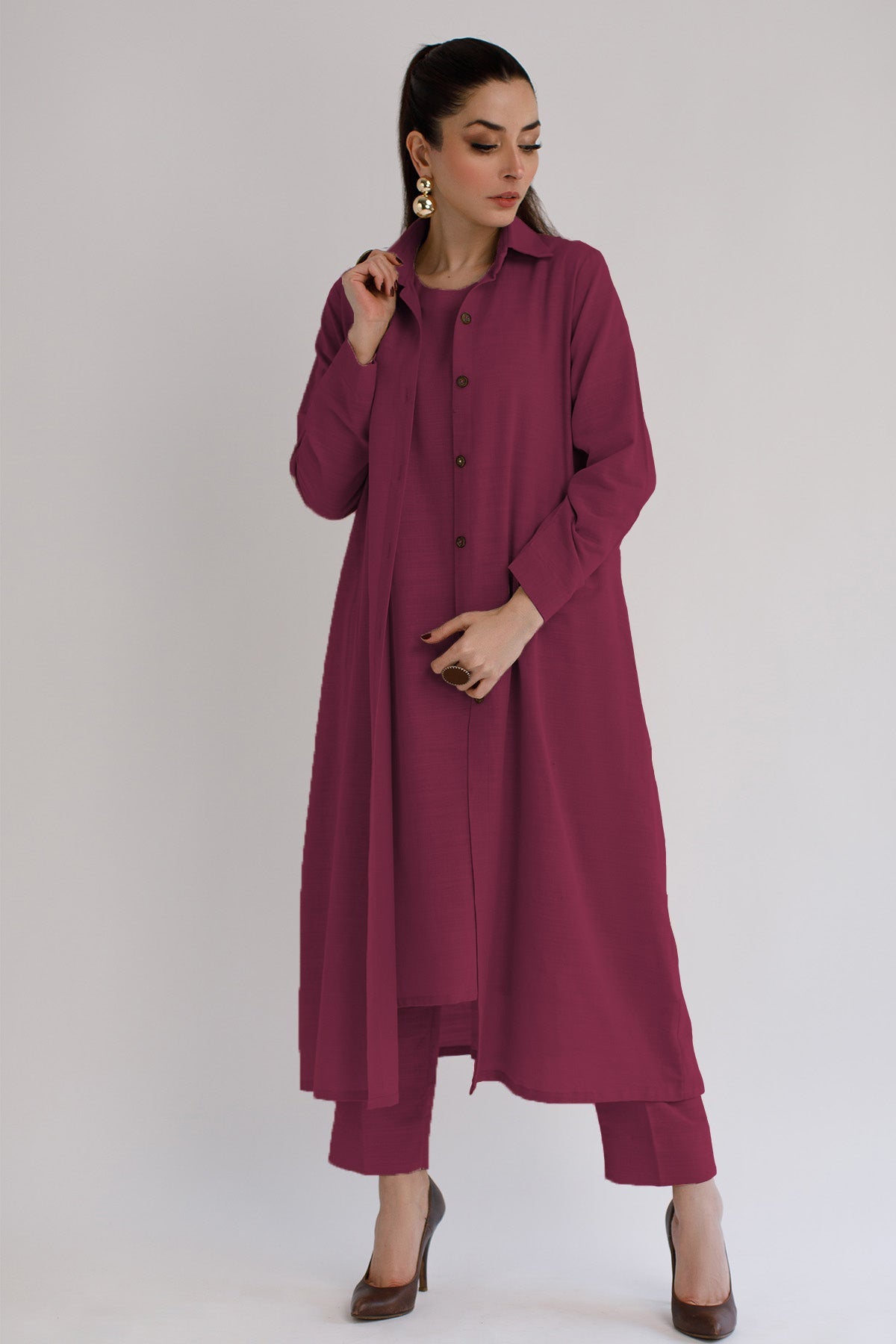 Maroon Khaddar Dress - 01 - Peach Republic