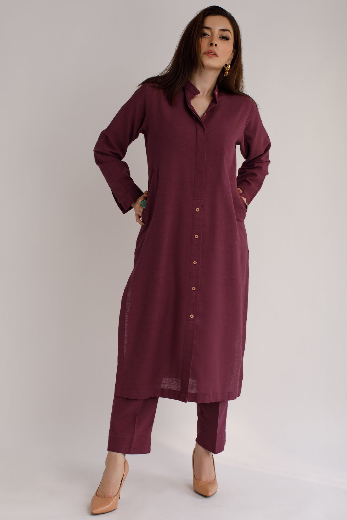 Maroon Khaddar Dress - Peach Republic