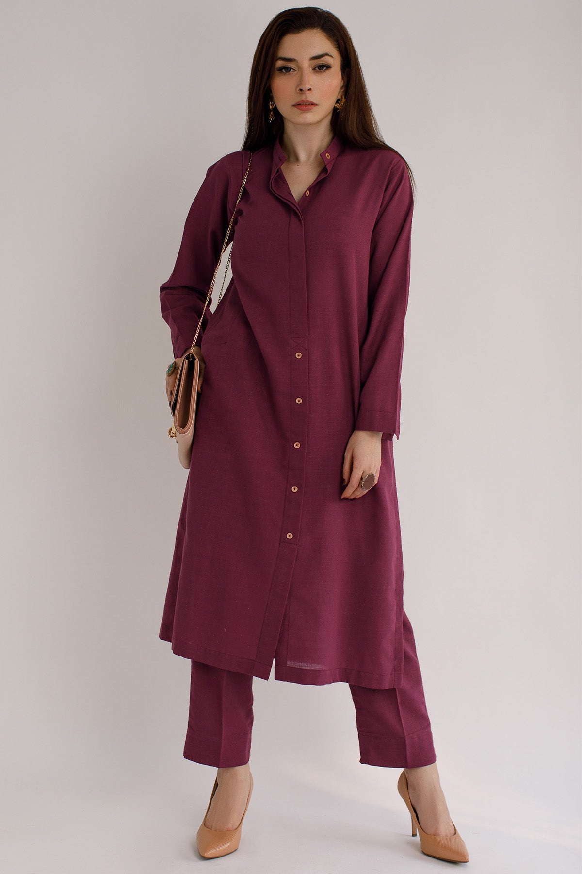 Maroon Khaddar Dress - Peach Republic