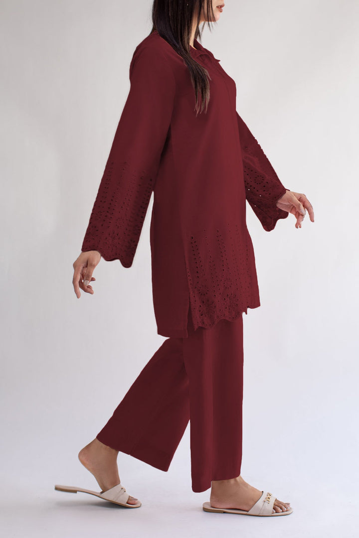 Maroon Schiffli Co Ord Set - 01 - Peach Republic