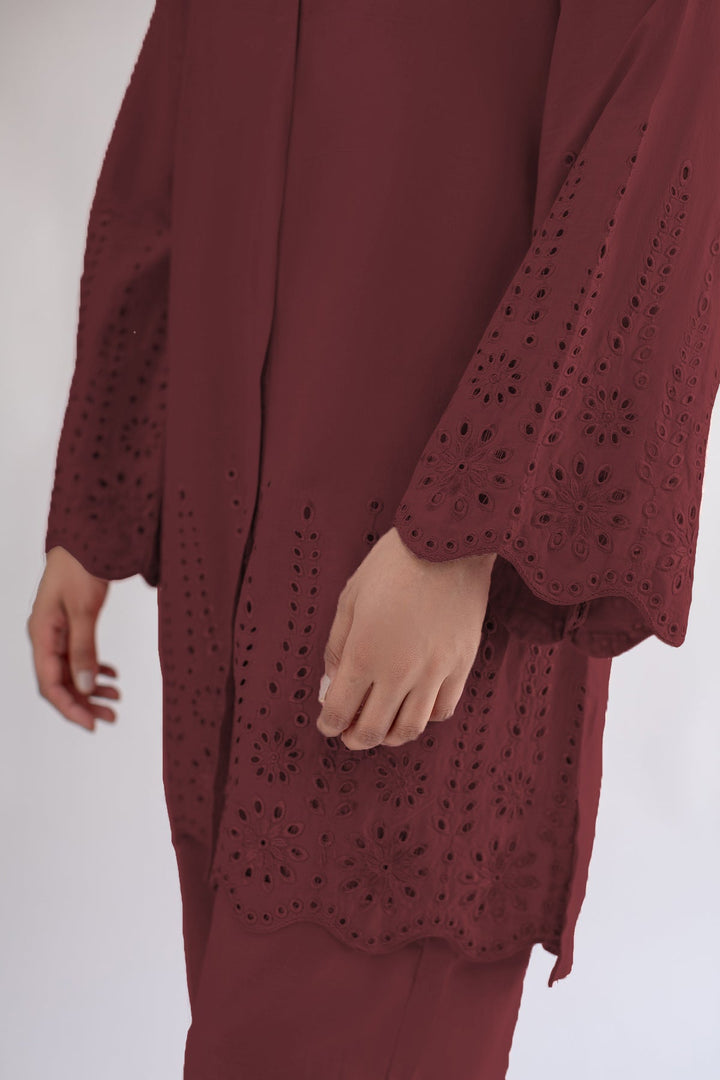 Maroon Schiffli Co Ord Set - 01 - Peach Republic