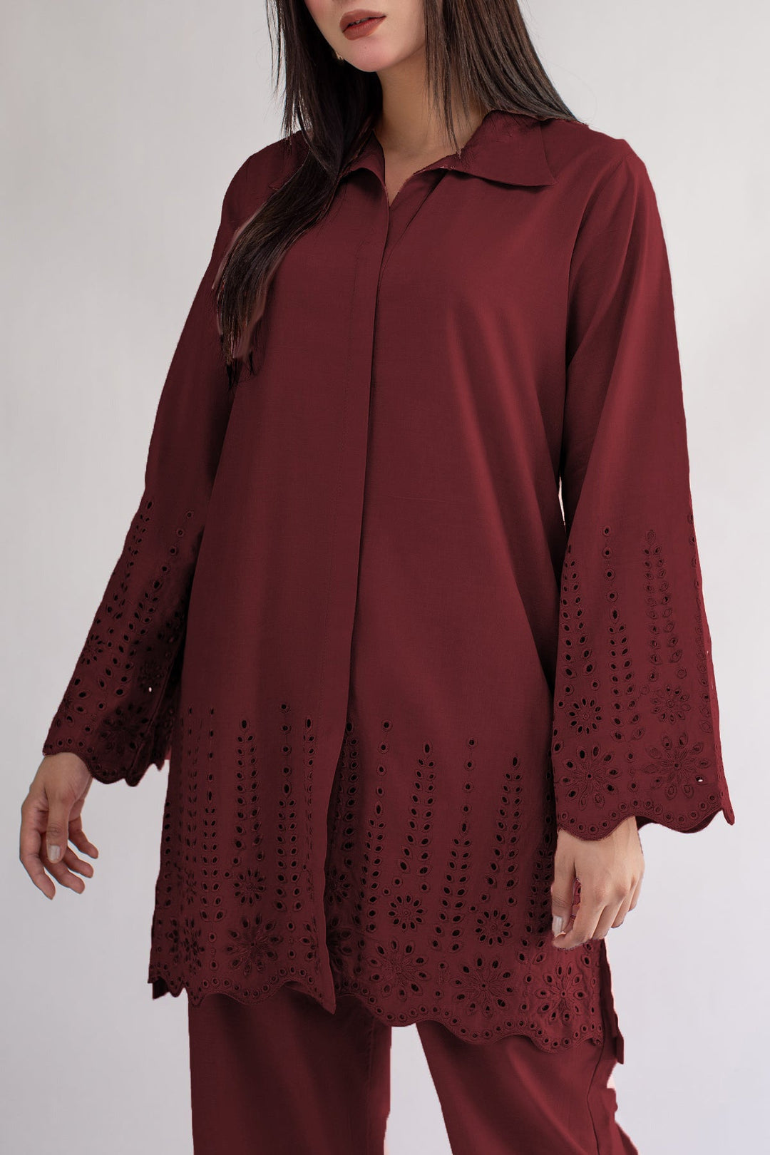 Maroon Schiffli Co Ord Set - 01 - Peach Republic