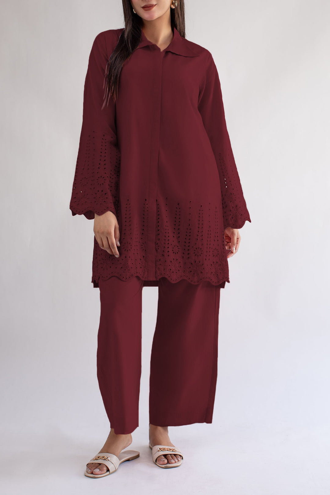 Maroon Schiffli Co Ord Set - 01 - Peach Republic