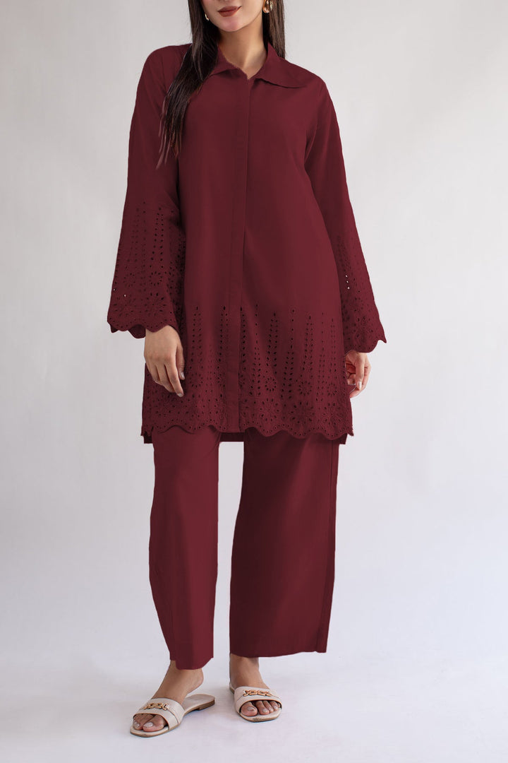 Maroon Schiffli Co Ord Set - 01 - Peach Republic