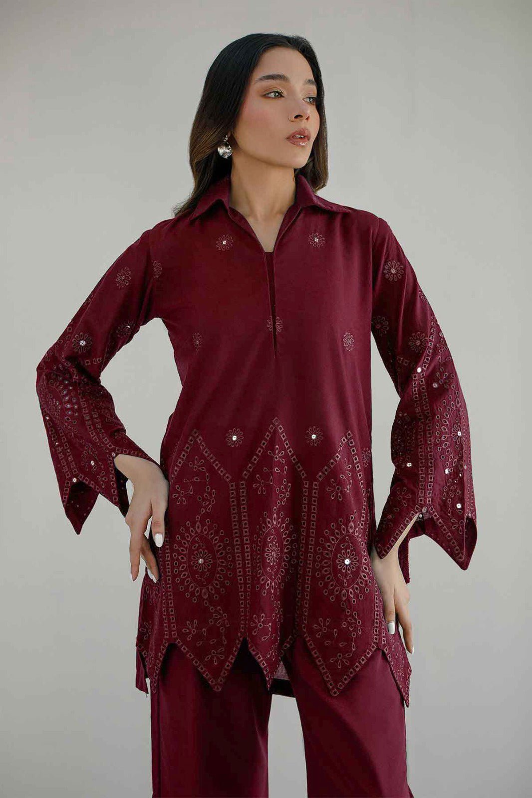 Maroon Schiffli Co Ord Set - 030 - Peach Republic