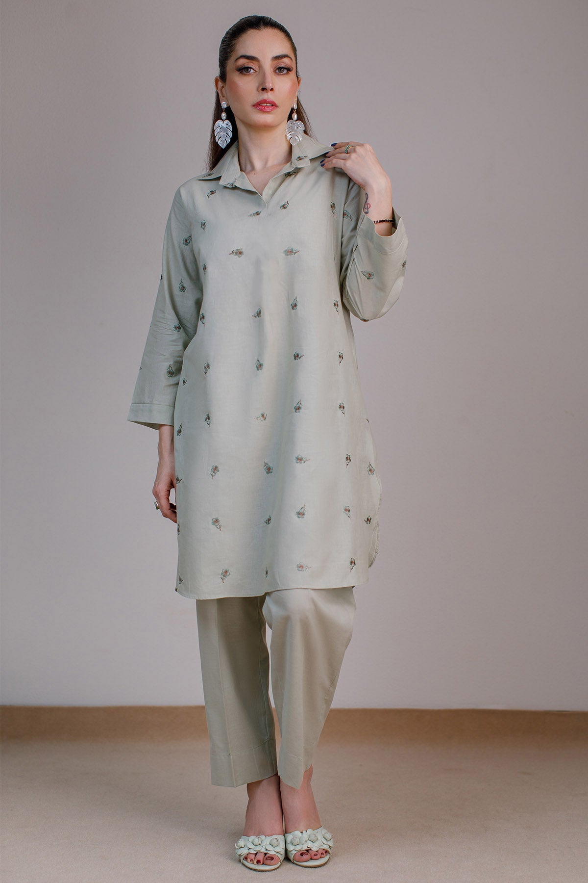 Mint Embroidered Suit - 03 - Peach Republic