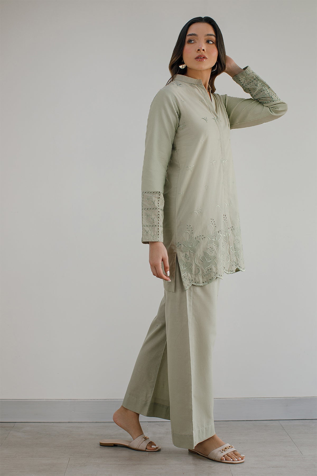Mint Green Schiffli Co Ord Set - Peach Republic