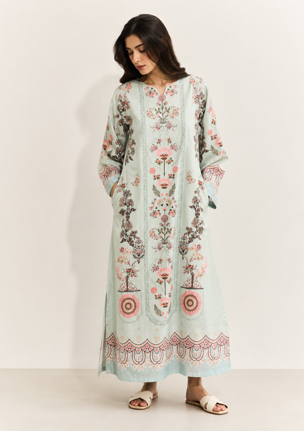 Mint Rosette Kaftan - Front view