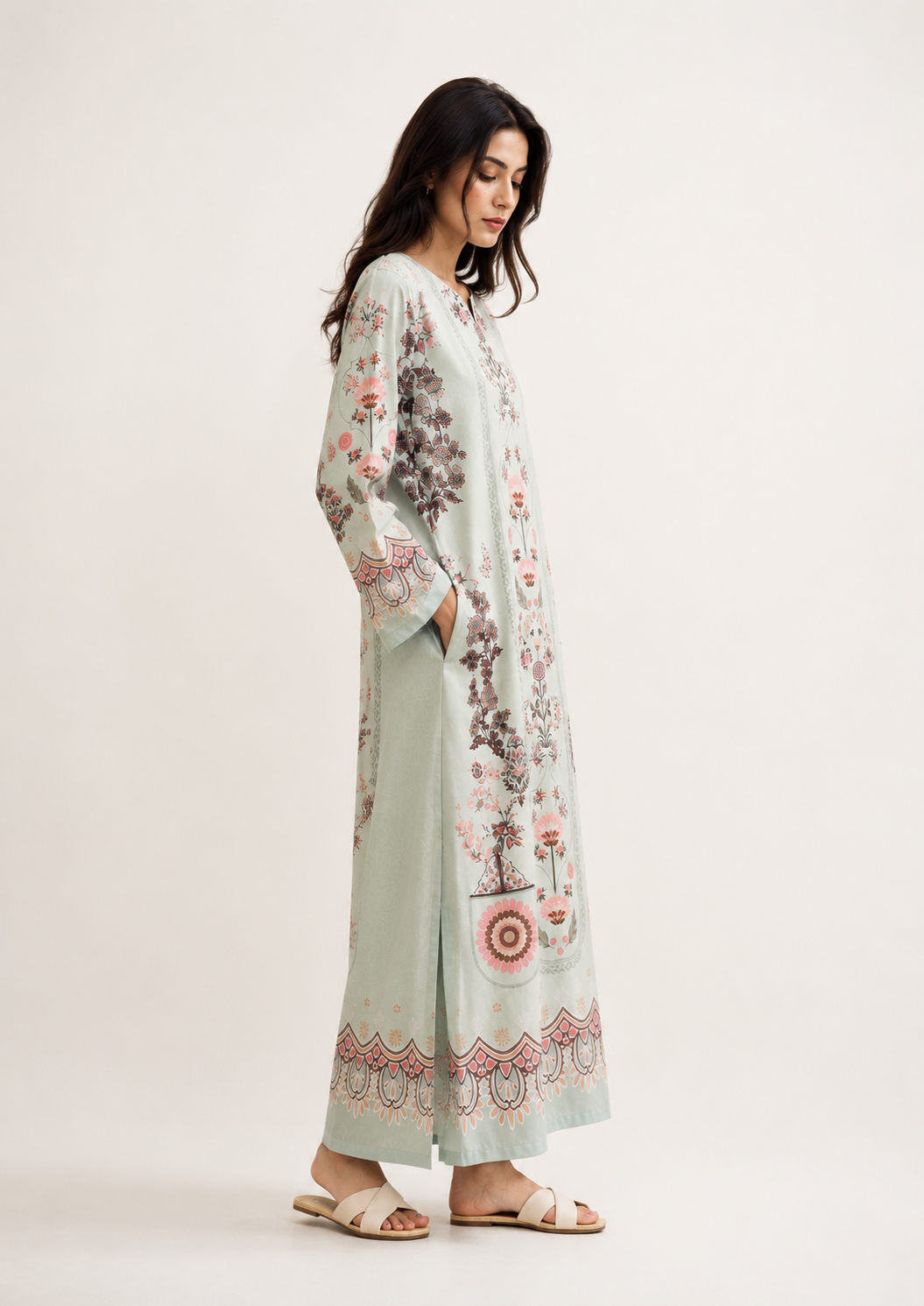 Mint Rosette Kaftan - Side view