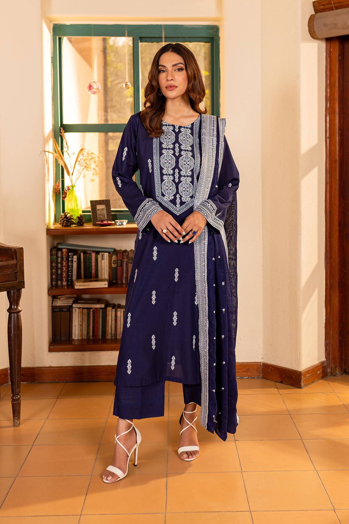 Navy Blue Embroidered Suit - Peach Republic